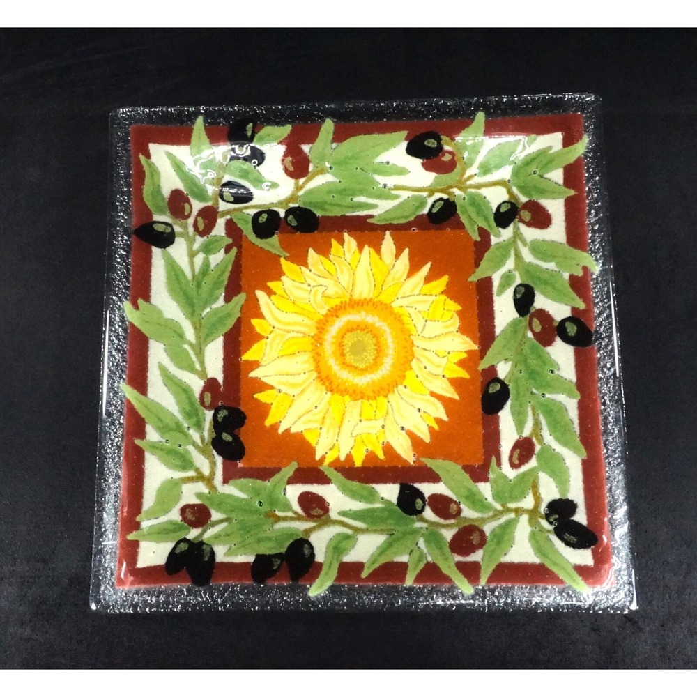 Peggy Karr 2008 TUSCANY Plate Fused Glass 10" Square w/ Sunflower and Olive Vine